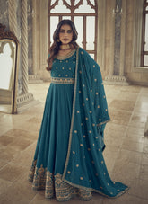 Premium Silk with Heavy Embroidered Gown in Blue